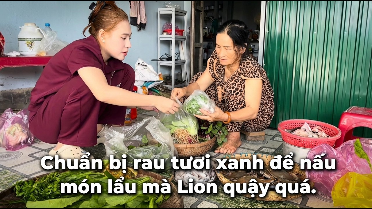 Chuẩn bị rau tươi xanh để nấu món lẩu mà Lion quậy quá. 