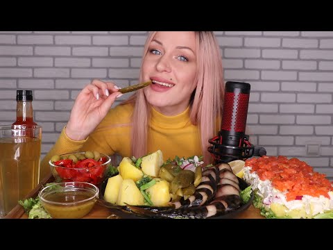 MUKBANG | Скумбрия, картофель, салат с форелью, закуски | Mackerel, potato, trout salad не ASMR