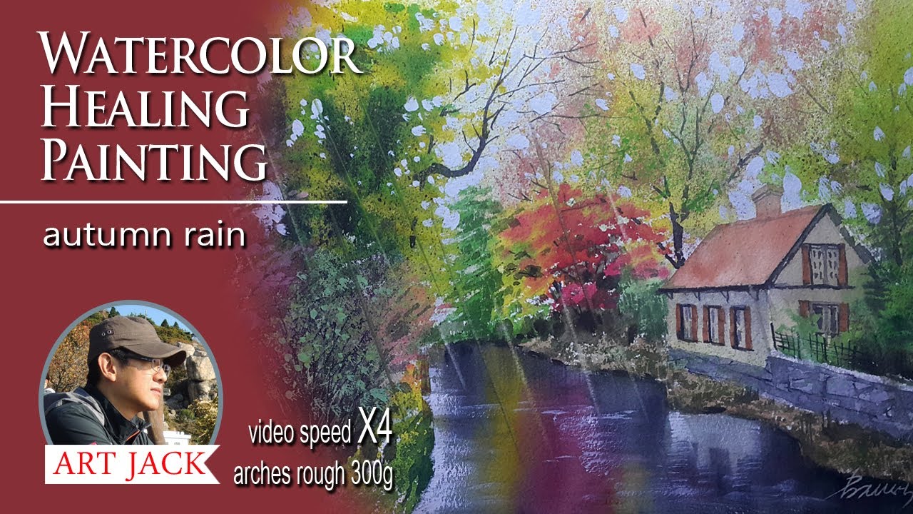 Watercolor healing painting / landscape drawing / autumn rain ...