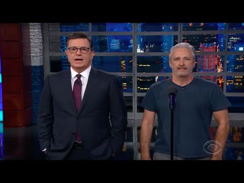 Jon stewart helps stephen colbert achieve equal time for trump