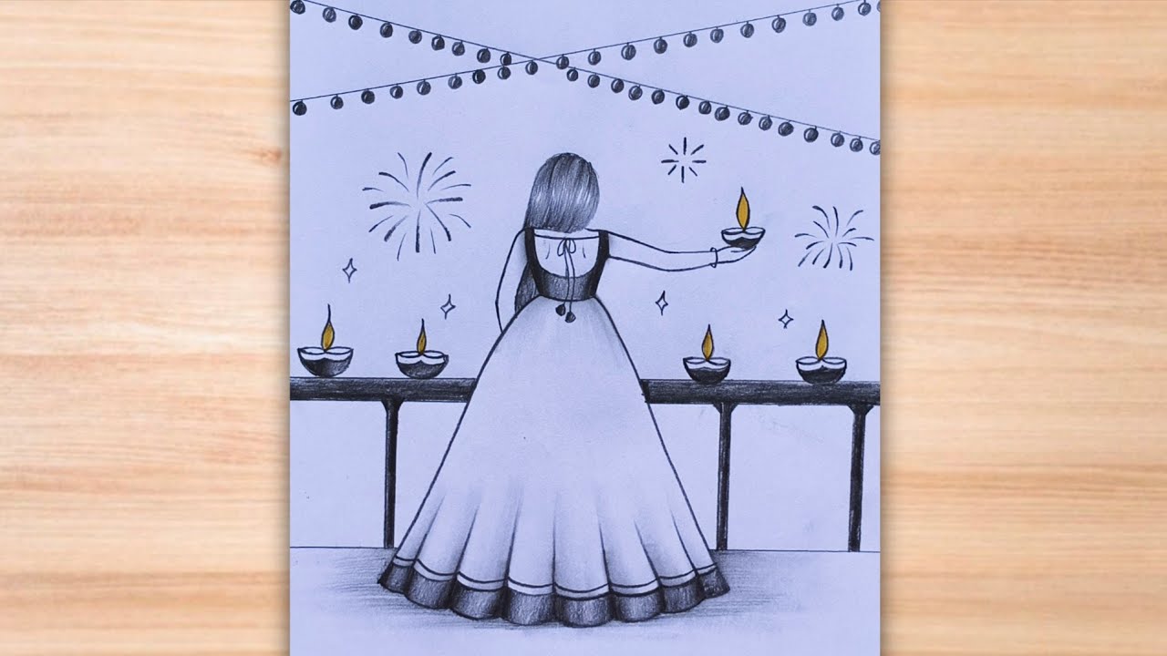 How to draw a girl celebrating diwali 🪔 step by step|happy diwali drawing| diwali special drawing 