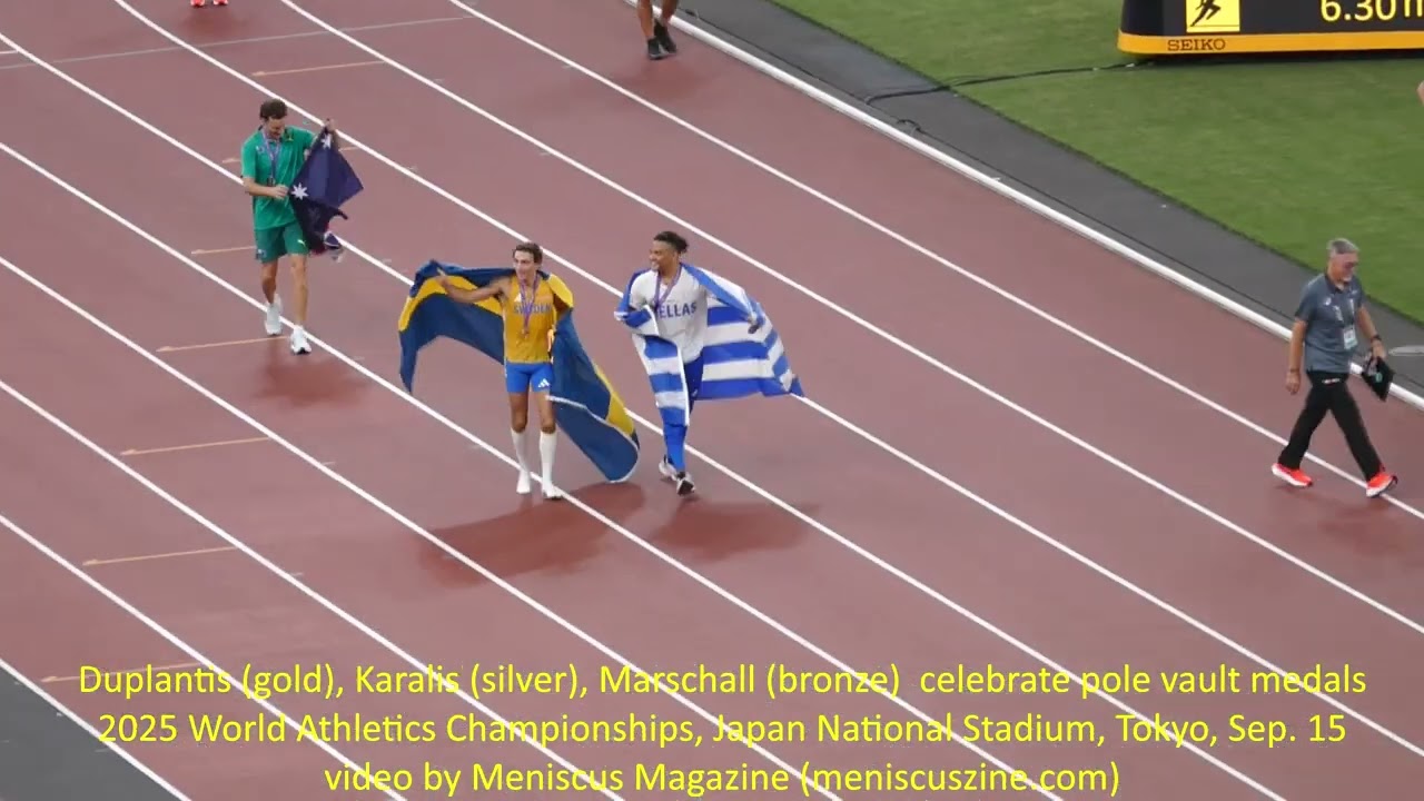 Duplantis, Karalis, Marschall celebrate pole vault medals, 2025 World Athletics Championships