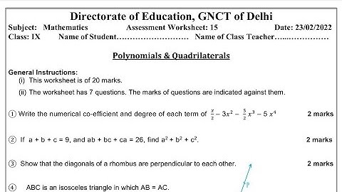 Mathematics Assessment Worksheet 15 Class 9 (23/2/22) English Medium/Assessment Worksheet 15 Maths