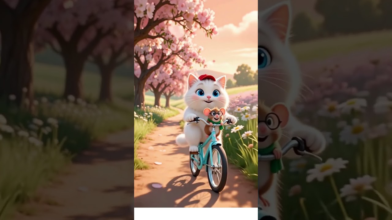 Cute White Cat & Little Rat Riding Bicycle Together 🐱🐭🚲