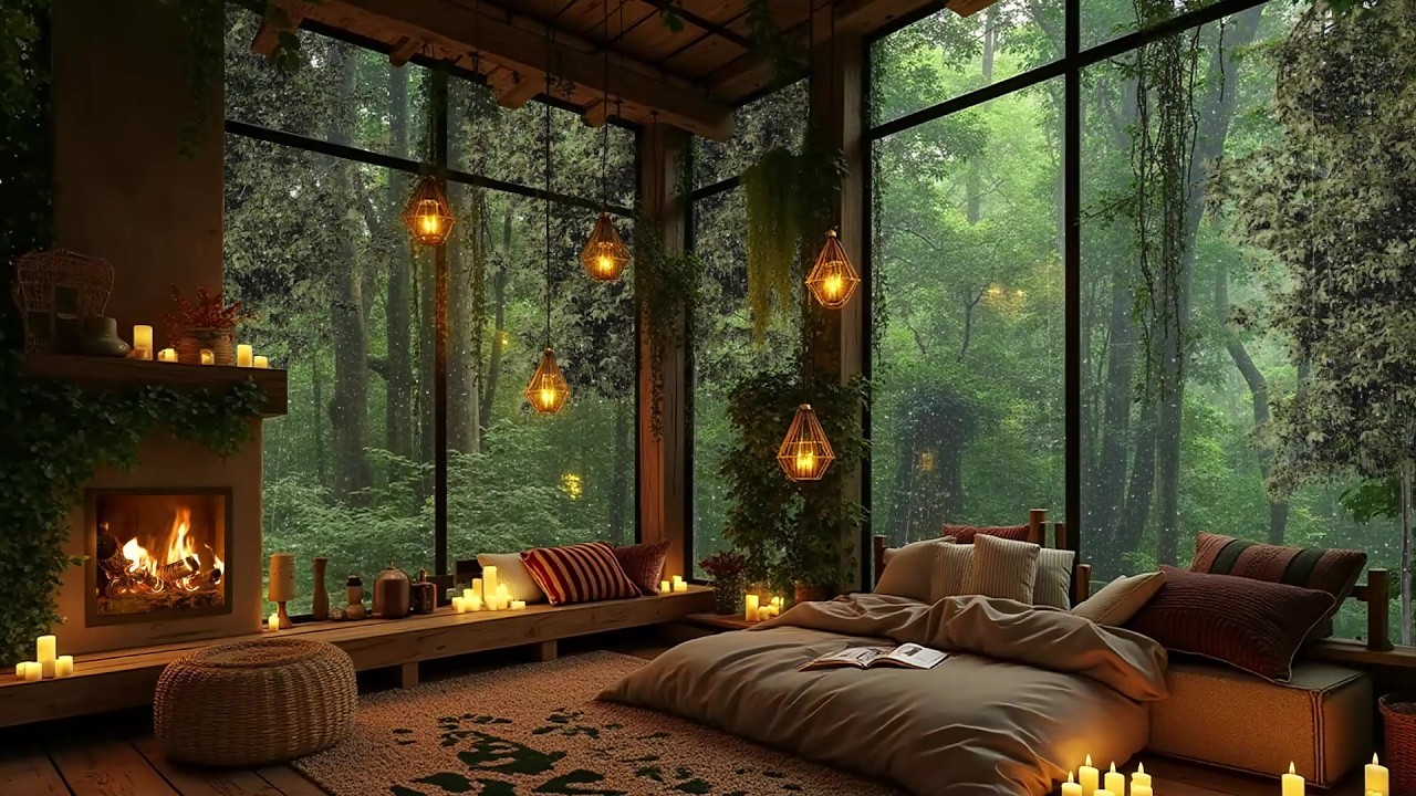 Forest Rain Therapy Night 🌲 Soft Rainfall, Warm Fireplace & Ambient Sounds for Calm Mind