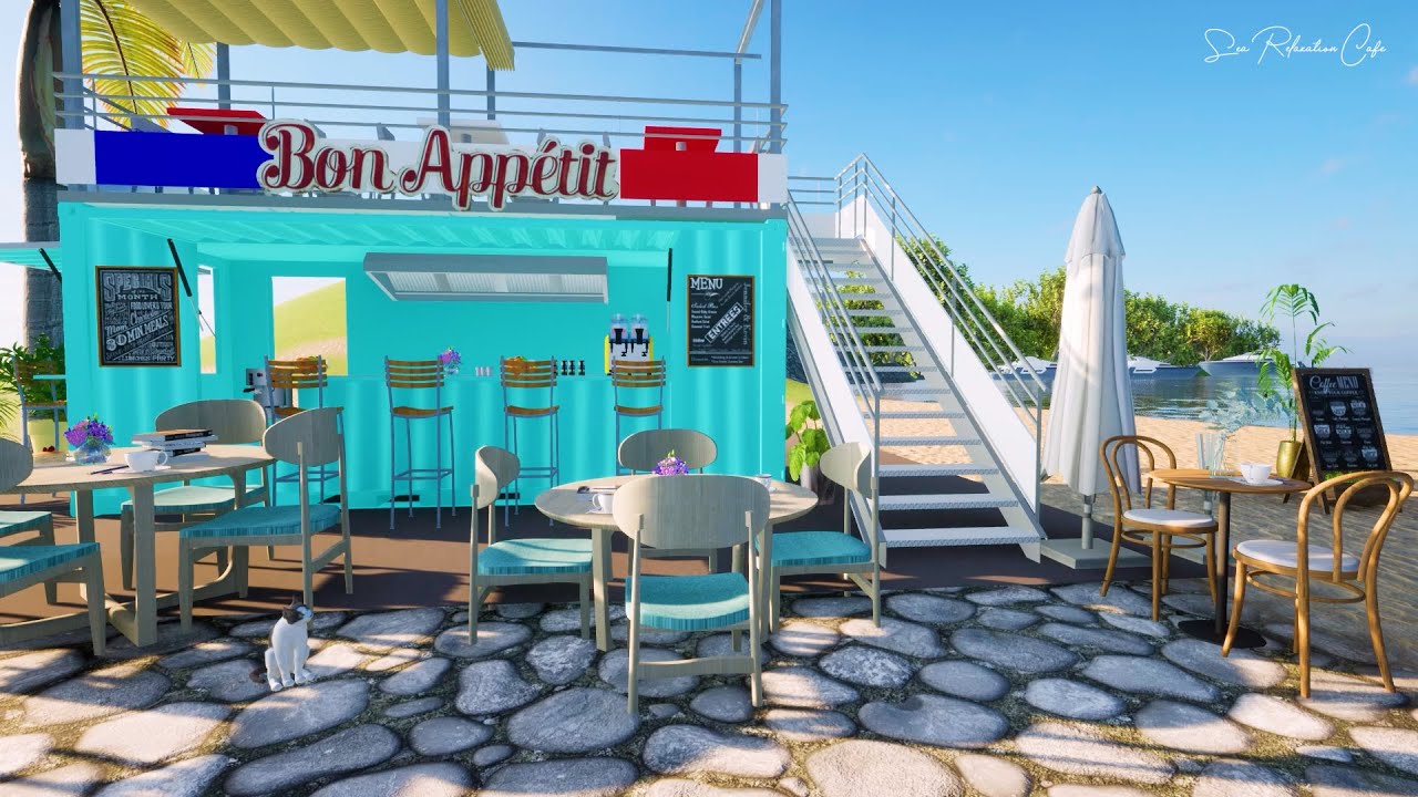 🍧 France Seaside Coffee Shop Ambience & Ocean Wave Sound - Bossa Nova, Smooth Jazz for Relaxing ASMR