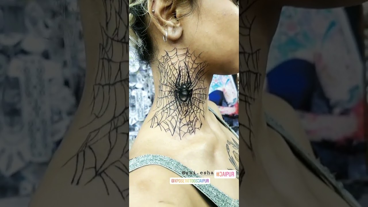 Biomechanical Head Neck Spider Web Tattoo by Tim Kerr