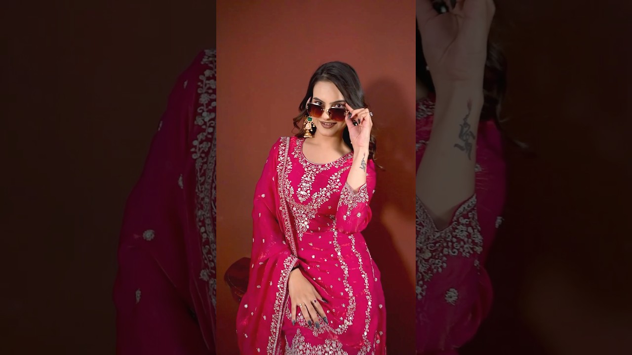 Dark Pink Sequins Embroidered Suit – Sharara Set with Dupatta