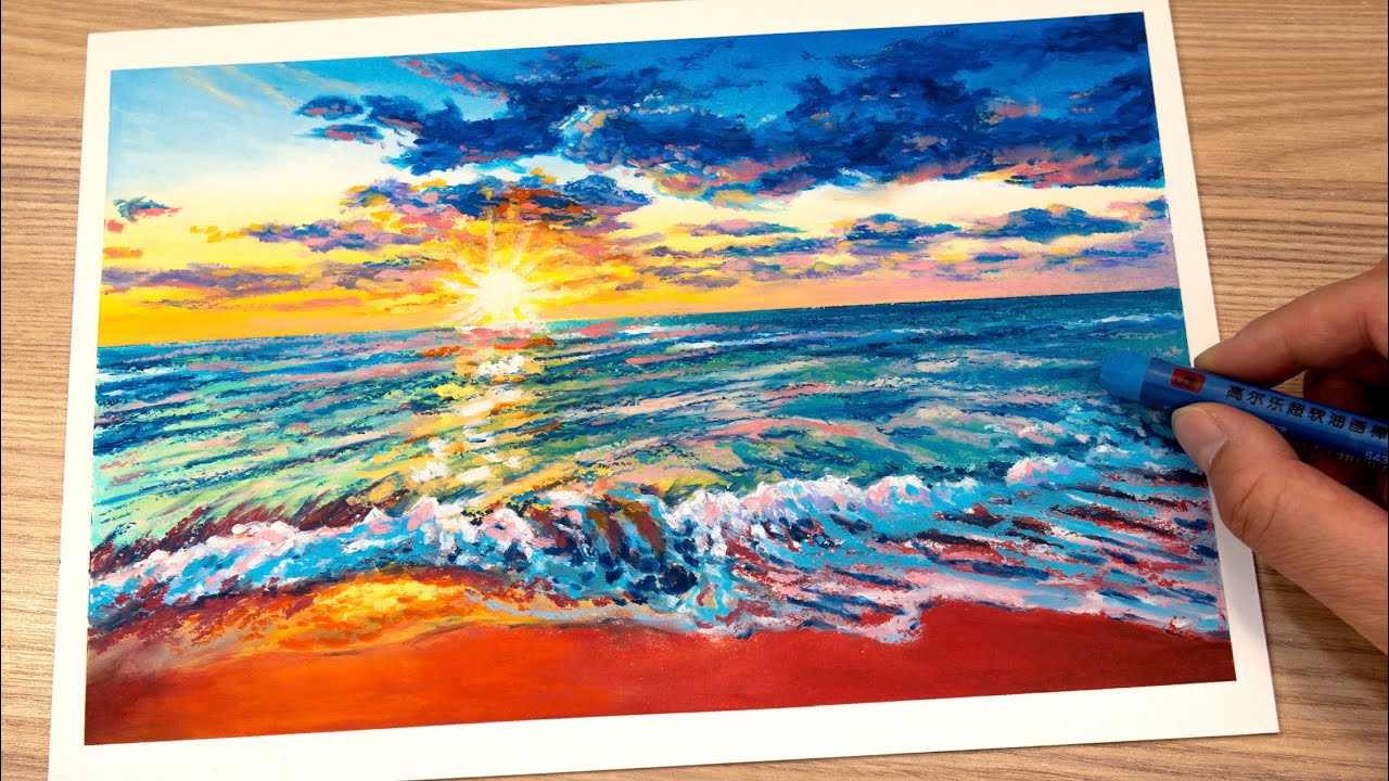 春雪 油彩画 Oil pastel Drawing| Sea,clouds, sunset 油画棒画海浪的声音