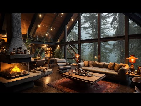 Cozy Wooden Attic House Ambience - Warm Smooth Jazz Instrumental Music For Relax, Stress Relief 🌧️
