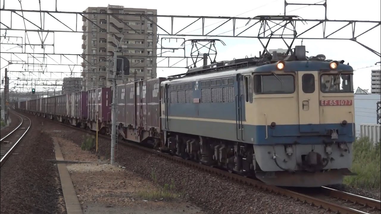 東海道線 下り 高速コンテナ列車 5087レ EF65 1077(新)原色 赤プレート