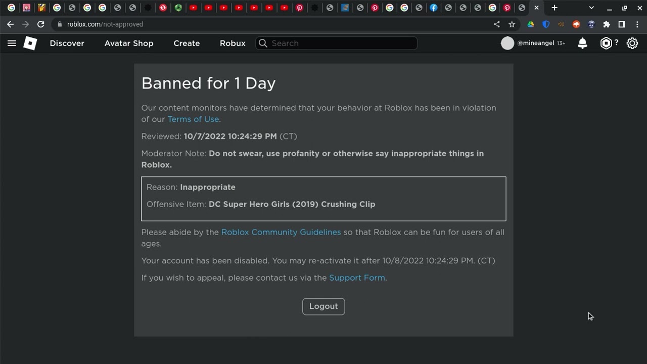 I Got Banned 1 Day On my account from Roblox for this YouTube