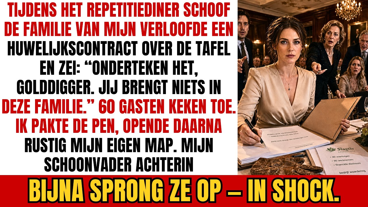 Ik zat tussen de salade en de toast, zestig paar ogen op mij gericht, toen mijn toekomstige schoonmoeder een document over het witte tafelkleed naar me toe schoof. “Teken het maar, golddigger,”...