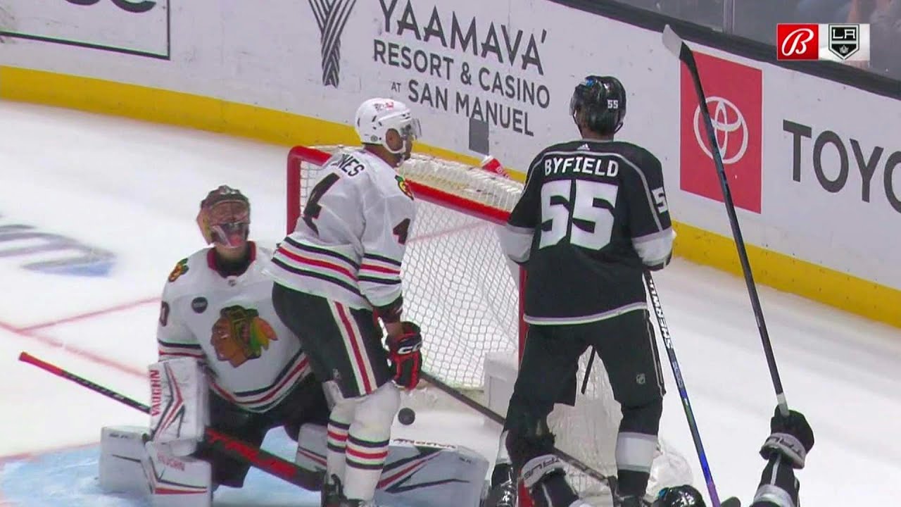 Quinton Byfield deflects the shot in the crease for a power-play goal, giving the Kings the lead.