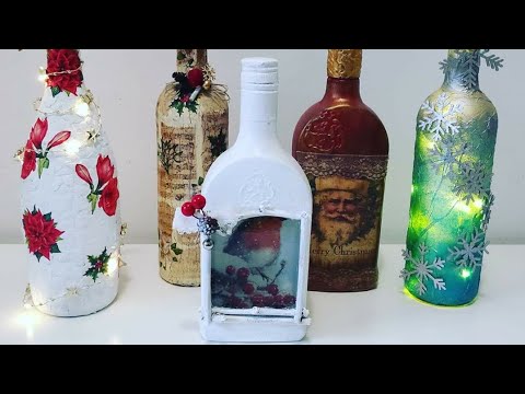 5 botellas de cristal decoradas para navidad 