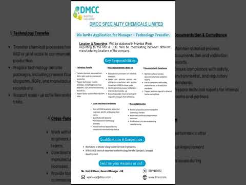 Chemical Industry Jobs | Manager Role @ DMCC Chemicals #jobalert #hiringnow #jobs2026 #shorts #job