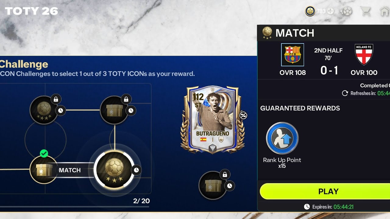 FC Barcelona vs. Milano FC. Toty Icon Challenge. FC Mobile 