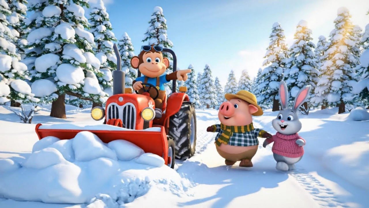 Monkey Uses a Snow Plow to Help Rabbit and Pig | Kids Storytime