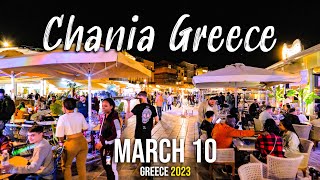 Chania Crete, March 10 2023, Walking tour in 4k, nightlife of Chania