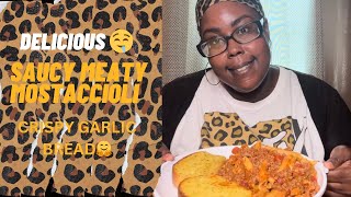 SAUCY MEATY MOSTACCIOLI 🤤 CRISPY GARLIC BREAD MUKBANG‼️