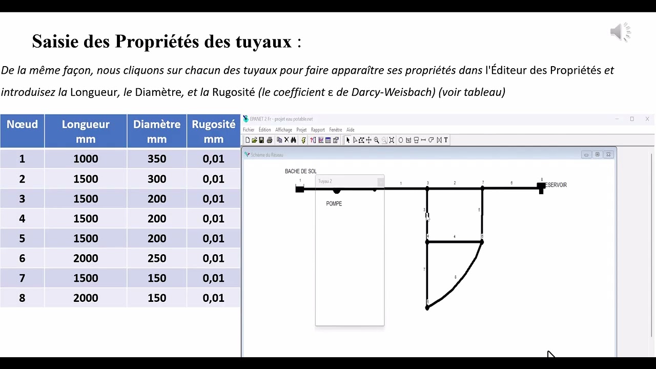 Saisie des Propriétés des tuyaux EPANET