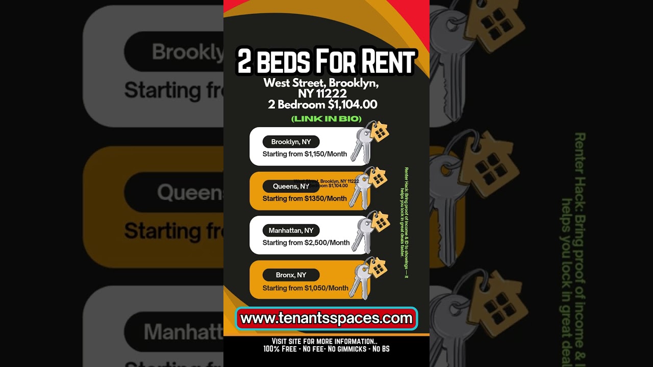 Spacious 2 Bedroom on West St, Brooklyn – Just $1,104!