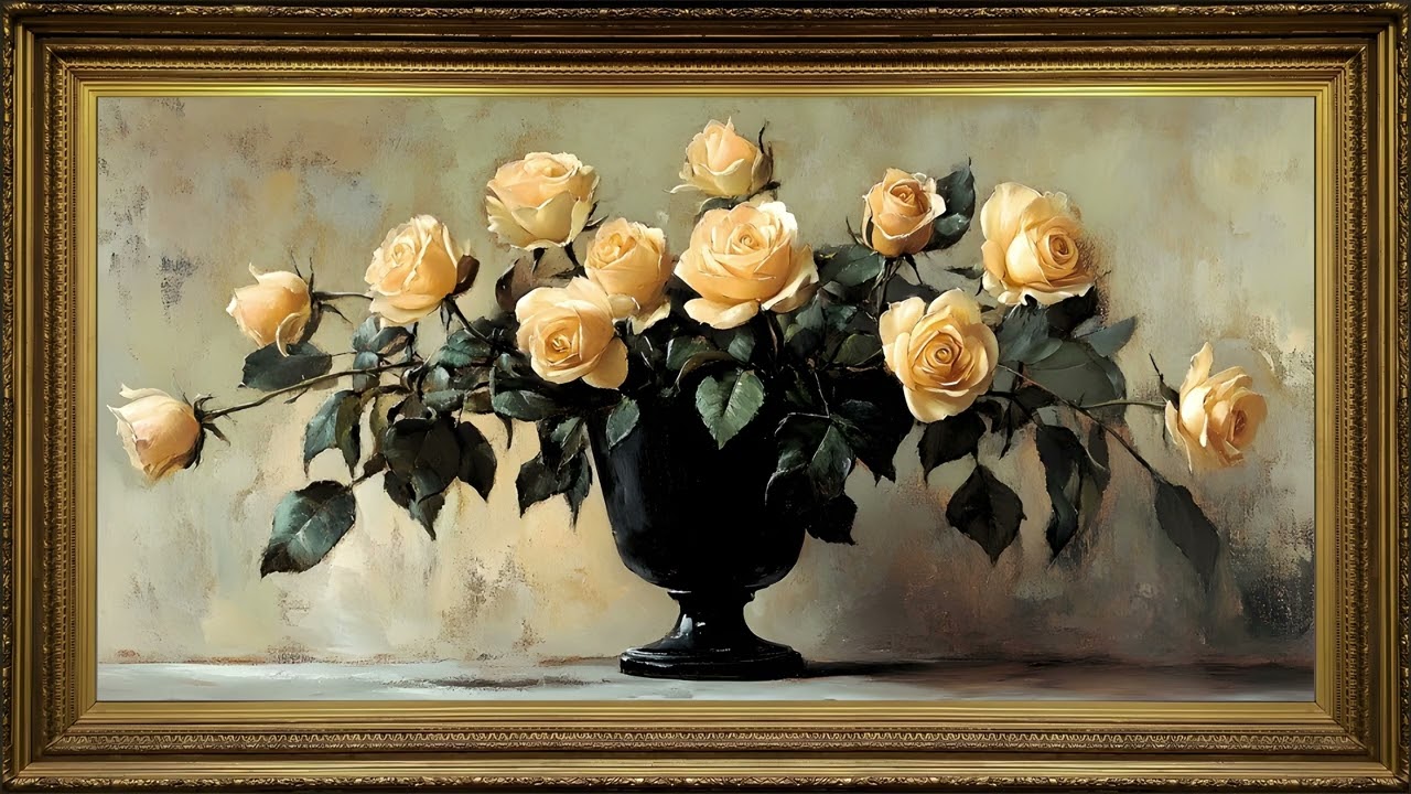 Yellow Roses, Vintage Still Life Oil Painting | Gold Framed Art TV Screensaver with Calm Music