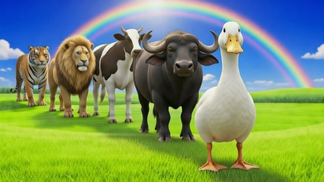 لعبة التزحلق الطويل مع بقرة وفيل وغوريلا وفرس نهر ونمر، لعبة حيوانات ثلاثية الأبعاد، رسوم متحركة 11