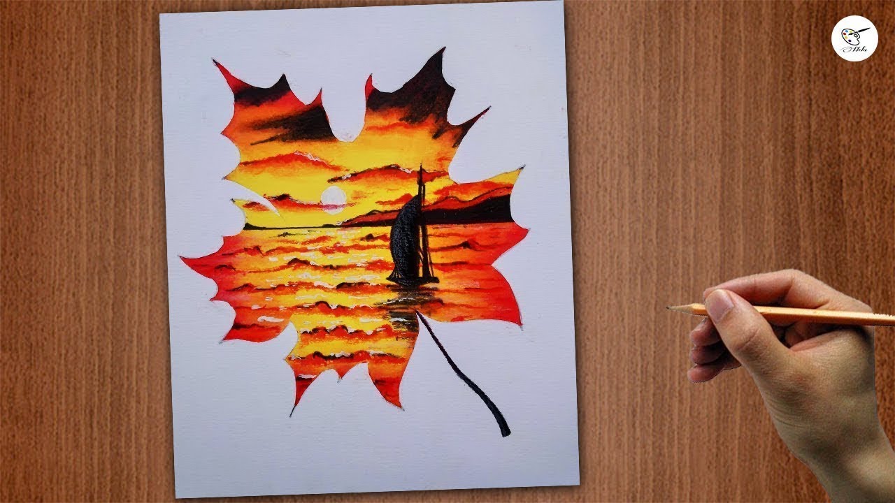 How to draw Maple Leaf Double Exposure Riverside Scenery with Oil ...