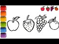 How to draw and colour fruits for kids| Apple, strawberry, grapes, orange easy drawing part 1 (#17)