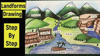 Landforms drawing step by step | Landforms drawing using colour pencils | @diyasfunplay