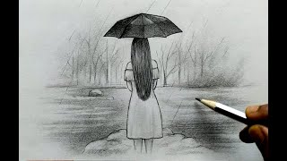 umbrella drawing draw rain under pencil