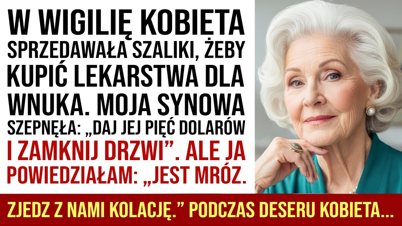 Śnieg padał od rana, a ja nakrywałam do stołu dla zmarłego męża, jak co roku. Potem usłyszałam dzwonek do drzwi, a za nimi stała obca kobieta z koszykiem szalików. „Sprzedaję te szaliki....