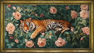 Tiger's Rest Among Emerald Garden Roses: 4K Framed TV Art Screensaver screenshot 5