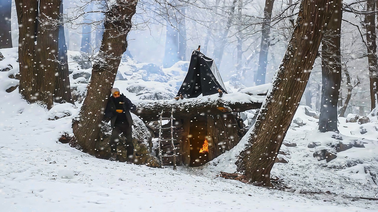3 дня в одиночестве в туманном и заснеженном лесу, на дереве, готовка, строительство.