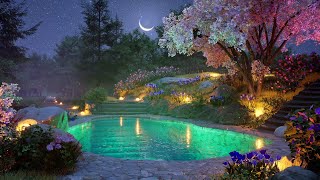 Enchanted pool in the spring forest at night  Crickets, Gentle Water, Light Wind Sounds for Relax