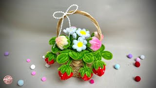 How to make cute Strawberries basket with Pipe Claener | Fuzzy Wire
