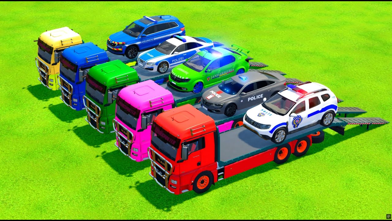 TRANSPORTING COLORFUL RAINBOW POLICE CARS - Farming Simulator 22