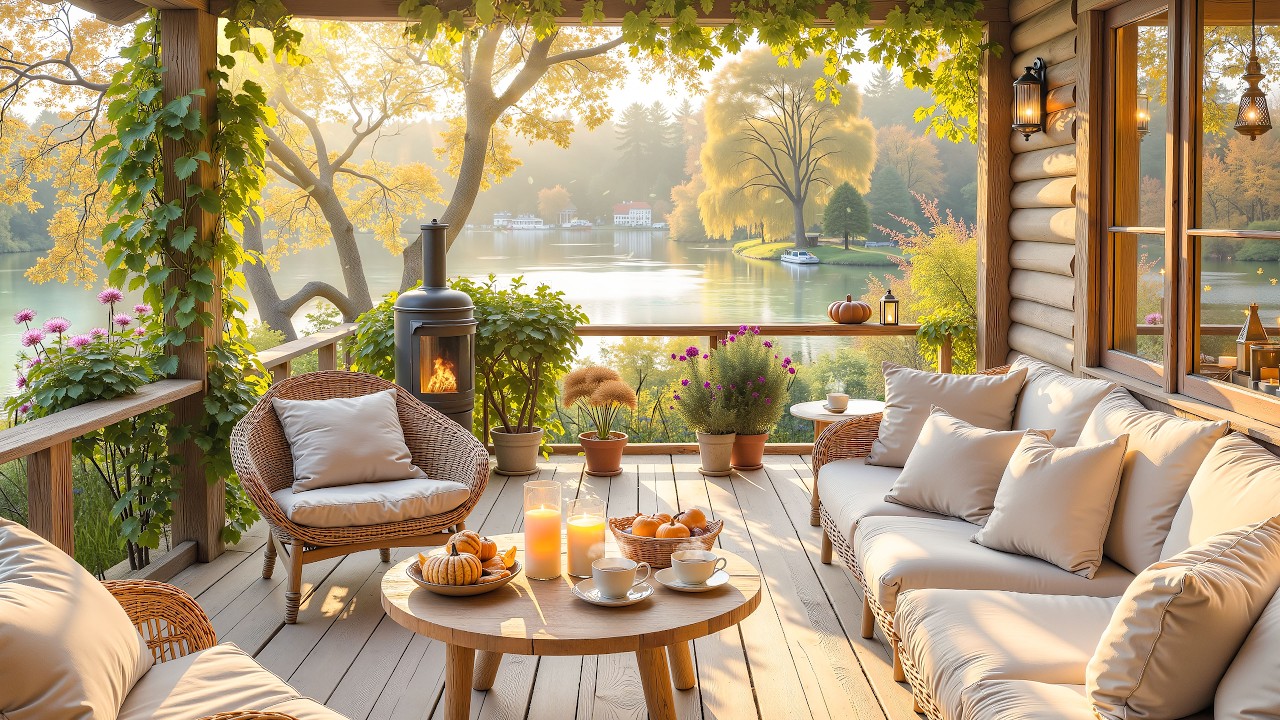 Sunny Spring Cabin Jazz 🌿 Lake View Coffee & Fireplace Ambience for Relax & Work