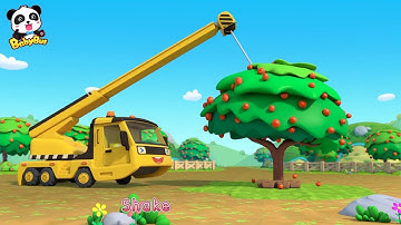 Toy Car Story: Waterwheel, Tractor, Crane | Baby Panda Plants Apple Trees | BabyBus