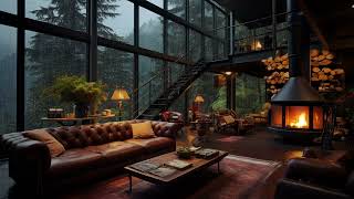 Cozy Living Room in Rain Forest - Warm Fireplace Sound, Rain on Window for Sleep & Stress Relief