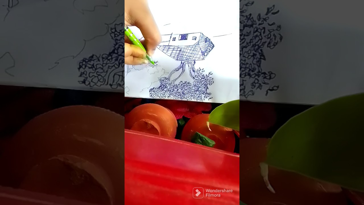 easy and very simple scenery drawing with blue pen sketch/ How to draw easy scenery for beginners.🖌️