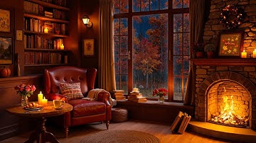 Autumn Reading Nook Ambience 🍁 Relaxing Jazz, Fireplace Sounds & Rain on Window for Cozy Fall Night