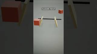 Industrial test rig: red-orange plastic blocks sit in compact stacks on trapdoor panels, then d