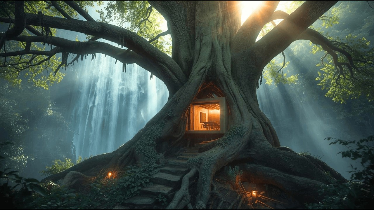 Building a Secret Glass Cabin Inside a 900-Year-Old Hollow Tree Over a Waterfall (ASMR)