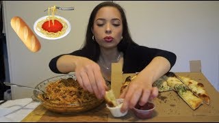 Spaghetti and garlic bread mukbang / big bites