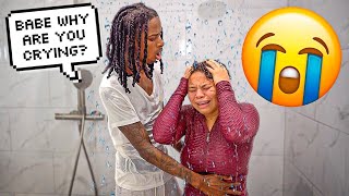 CRYING IN THE SHOWER FULLY CLOTHED PRANK ON MY BOYFRIEND!! *CUTEST REACTION*