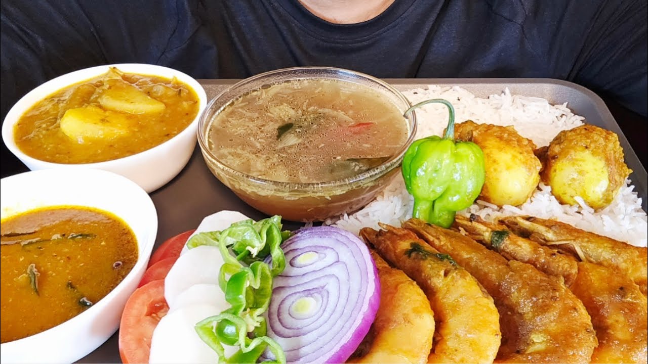 ASMR Mukbang! Spicy Egg Curry, Aloo Baigan, Spicy Prawns Curry, Basmati Rice & Rasam 🌶️🌶️🥵