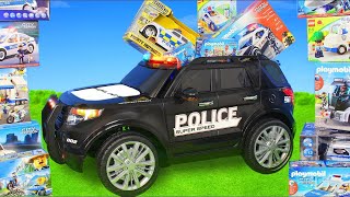 Carro de policia passeia com veiculos de brinquedo