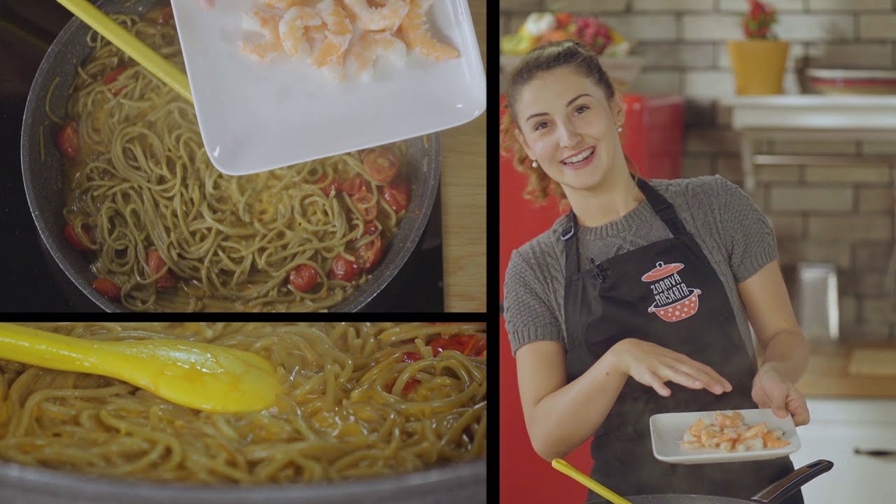 Cestoviny s krevetami a cherry paradajkami